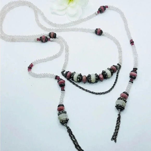 Gemstone Rose Quartz Morganite Rhodochrosite Scarf Tassel Flapper Style Necklace - Picture 2 of 10